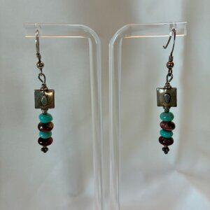 Earrings - dangling with turquoise and brown beads.